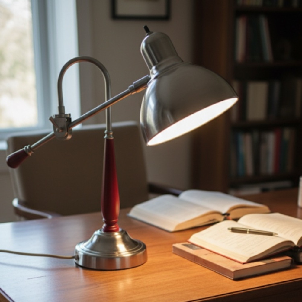 Brushed Nickel Swing arm Adjustable desk/ table mahogany lamp